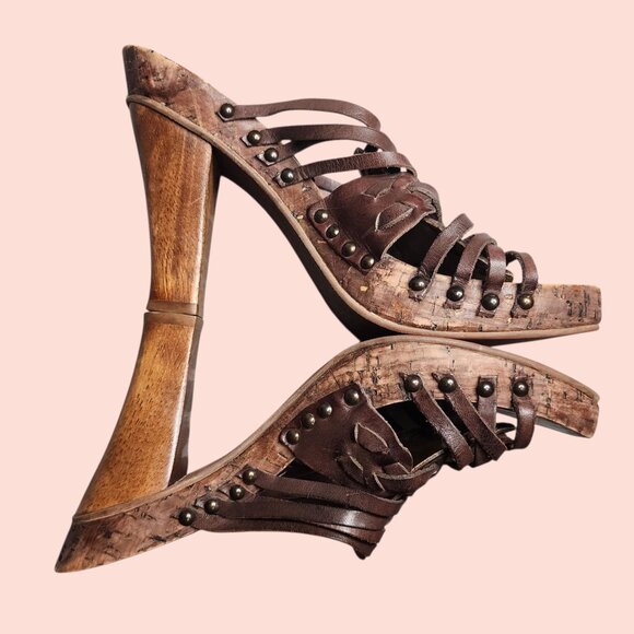 VTG Kenneth Cole Tribeca brown slip on cork straply Y2K boho mules size 7 y2k - Picture 2 of 7